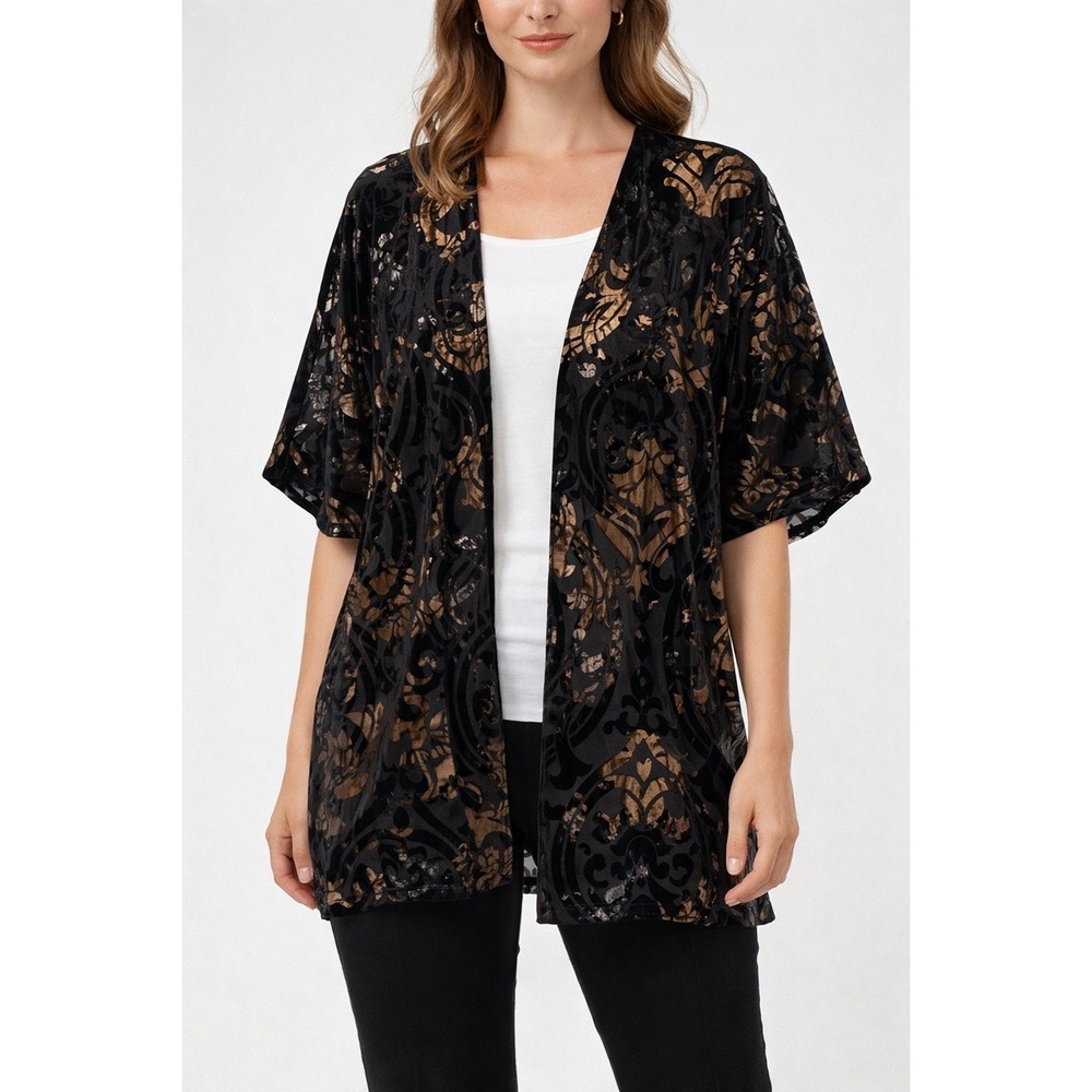 Madeline Sparklestein Kimono Jacket Burnout Velvet Baroque Floral Black Gold L